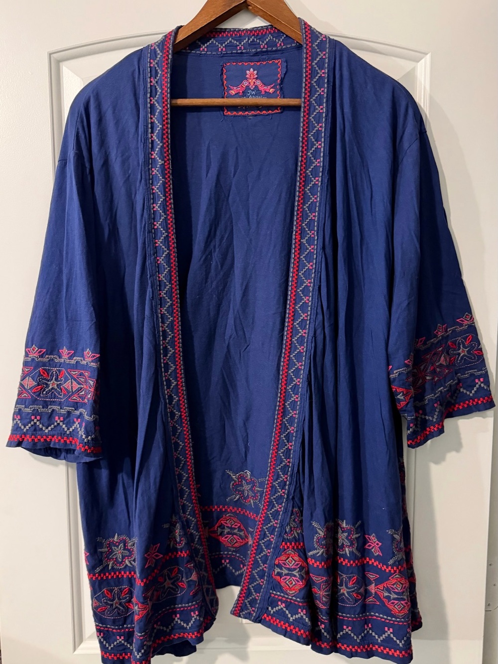 Johnny Was Navy Open-Front Cardigan with Pink Embroidery